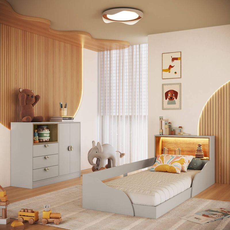Quarto-Infantil-com-Cama-Solteiro-Montessoriana-com-iluminacao-Led-e-Comoda-3-Gavetas-CJ080-Lille