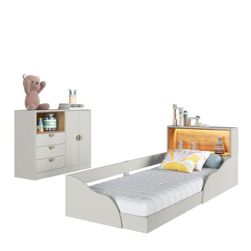 Quarto-Infantil-com-Cama-Solteiro-Montessoriana-com-iluminacao-Led-e-Comoda-3-Gavetas-CJ080-Lille
