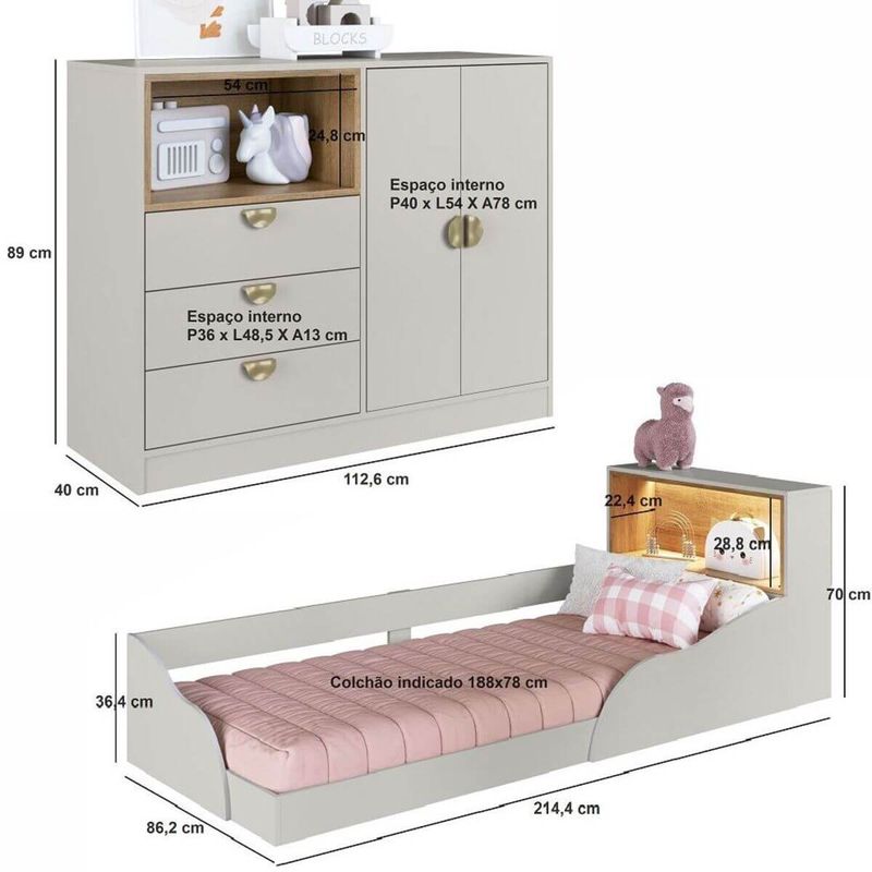Quarto-Infantil-com-Cama-Solteiro-Montessoriana-com-iluminacao-Led-e-Comoda-3-Gavetas-CJ080-Lille