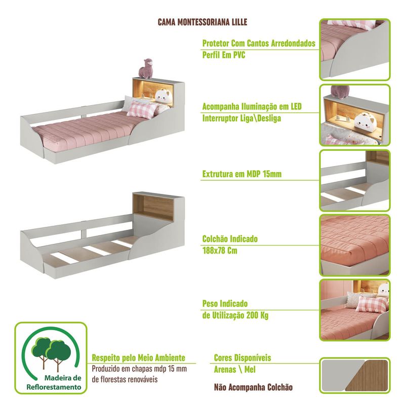 Quarto-Infantil-Cama-Solteiro-Montessoriana-Led-Comoda-e-Guarda-Roupas-CJ078-Lille
