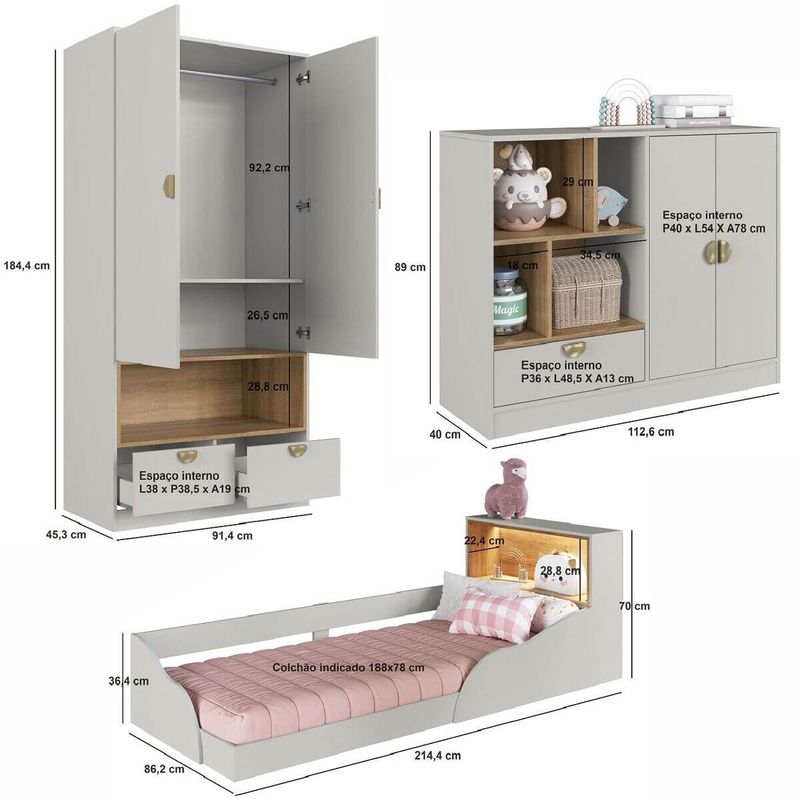 Quarto-Infantil-Cama-Solteiro-Montessoriana-Led-Comoda-Guarda-Roupa-CJ077-Lille-Art-In-Moveis