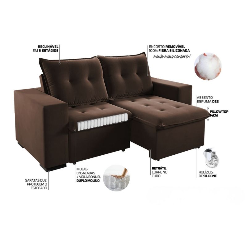 Sofá Retrátil Reclinável 3 Lugares 200cm Veludo Xangai Viero