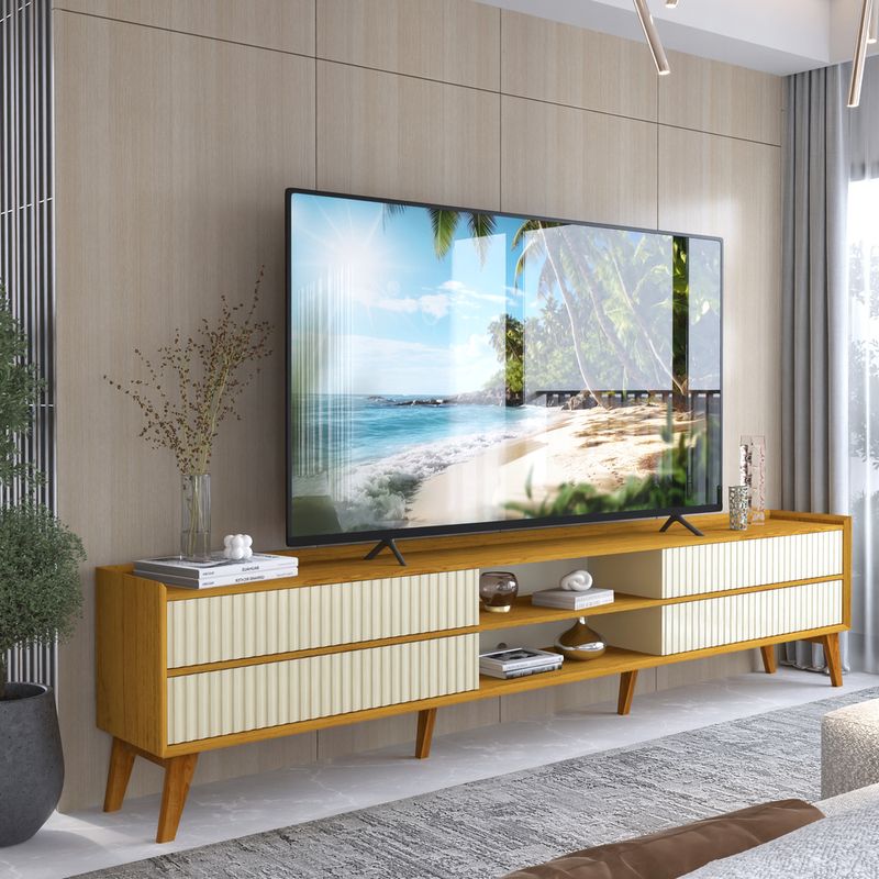 Rack Ripado para TV até 85 Polegadas 4 Gavetas com Pés de Madeira Maciça em MDF Magnífico Gelius