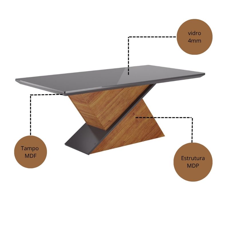 Mesa de Jantar 180cm com Tampo de Vidro Glamurosa Viero