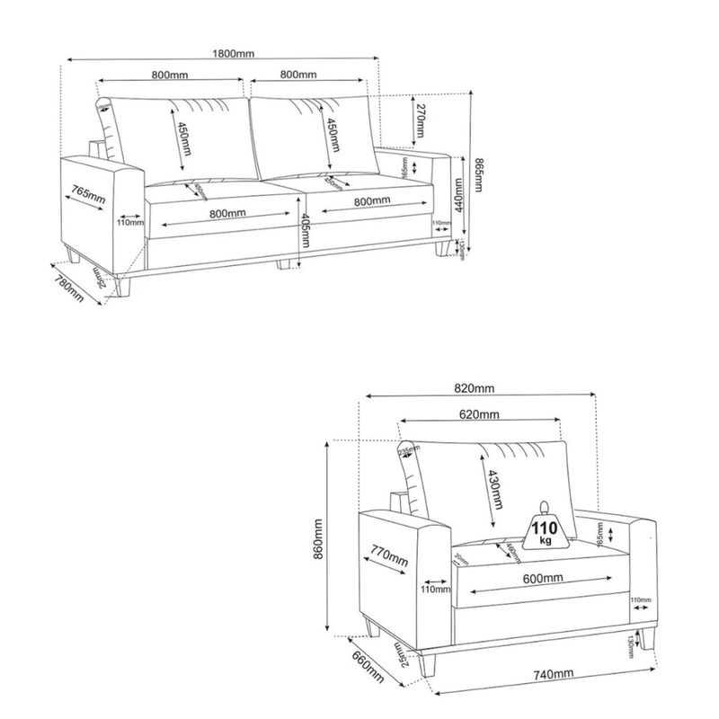 Conjunto Sofá Living Linho 180cm Vicente com 1 Poltrona Viena Viero