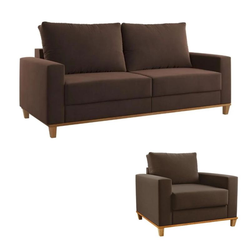 Conjunto Sofá Living Veludo 180cm Vicente com 1 Poltrona Viena Viero