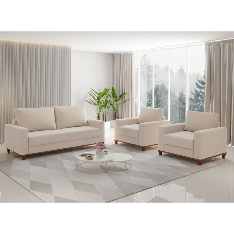 Conjunto Sofá Living Linho 180cm Vicente com 2 Poltrona Viena Viero
