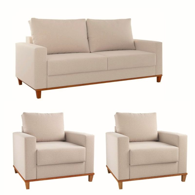Conjunto Sofá Living Linho 180cm Vicente com 2 Poltrona Viena Viero