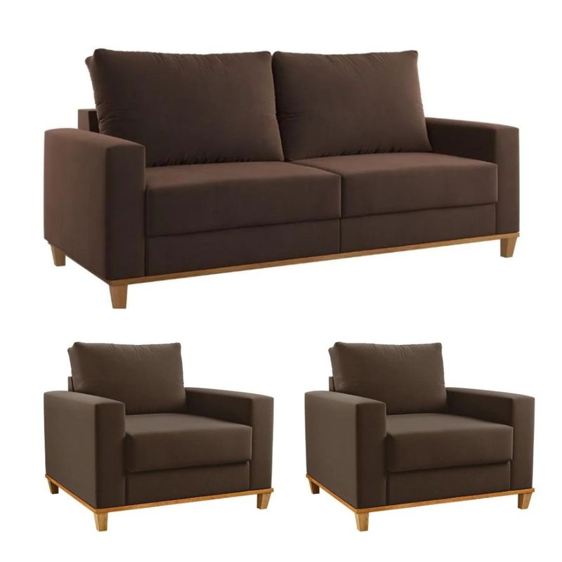 Conjunto Sofá Living Veludo 180cm Vicente com 2 Poltrona Viena Viero
